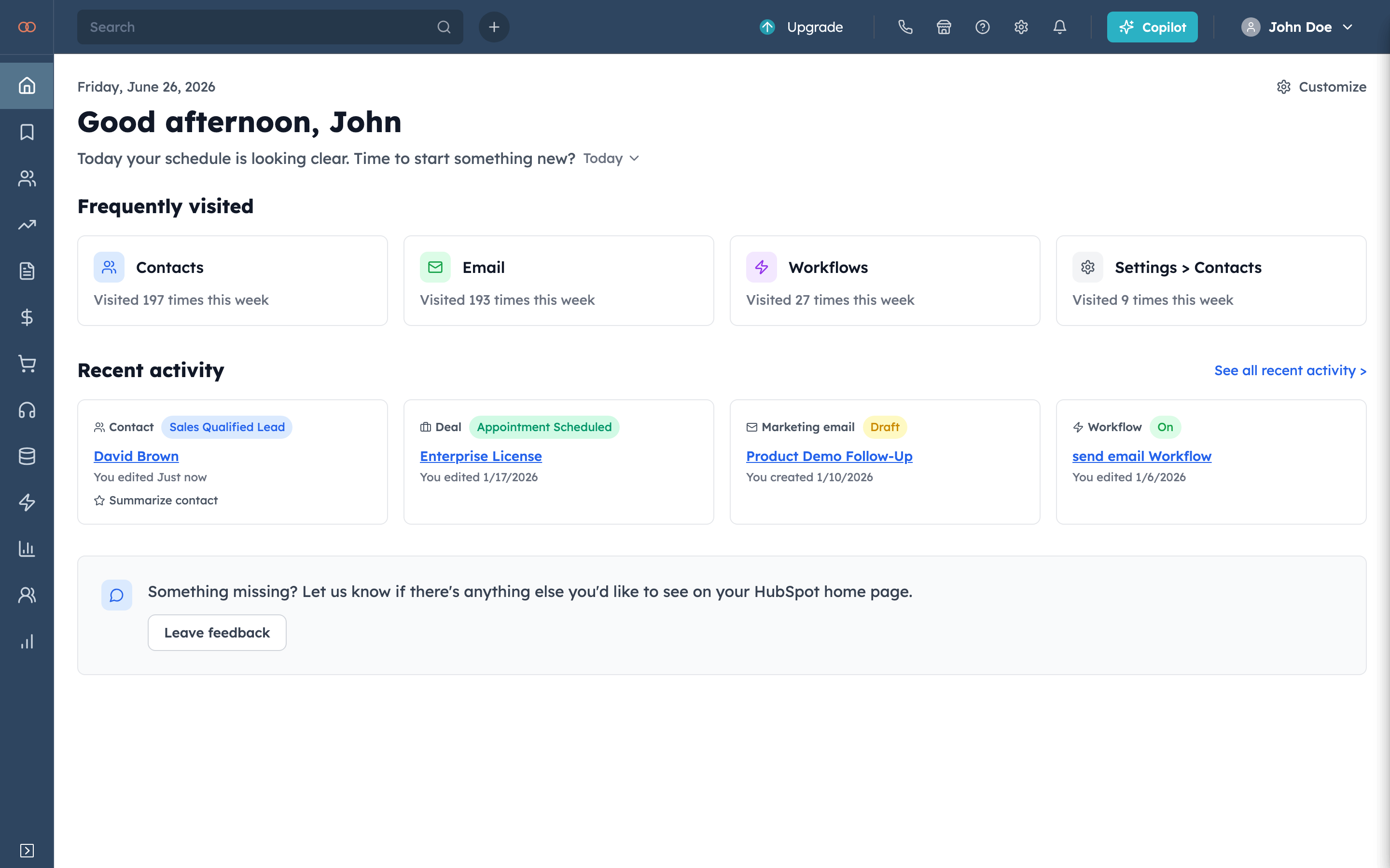 HubSpot, Dashboard